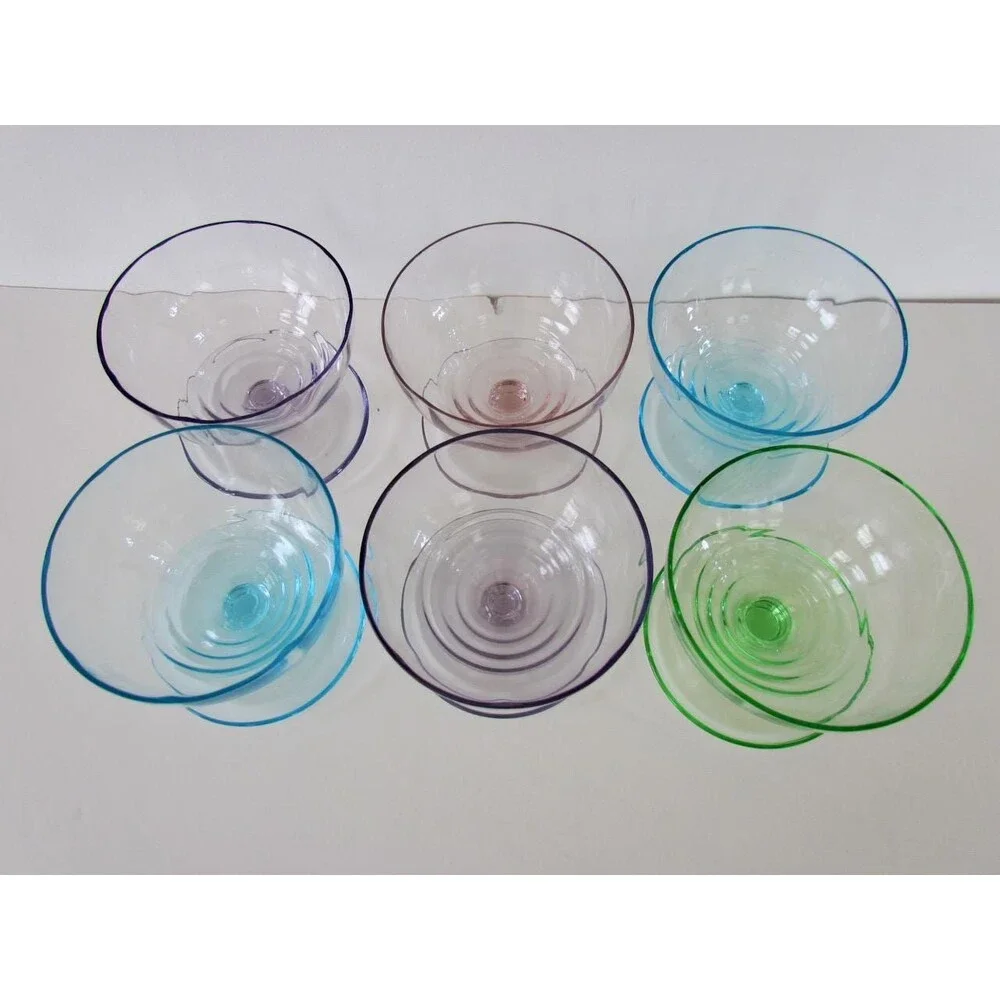 Art Deco Glass Sundae Set: Vintage Footed Dessert Bowls, Colorful Fused Glass